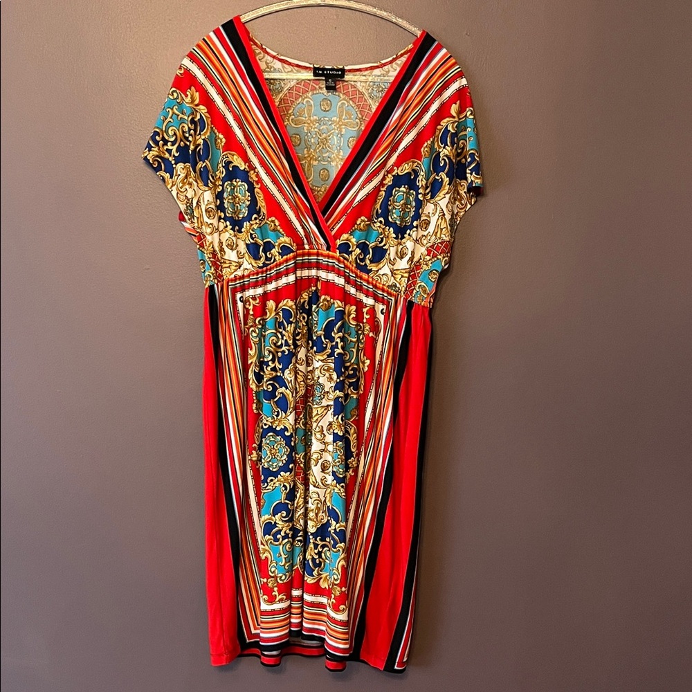 Vibrant Red & Blue Baroque Print wrap V-Neck Dress with empire waist size 16